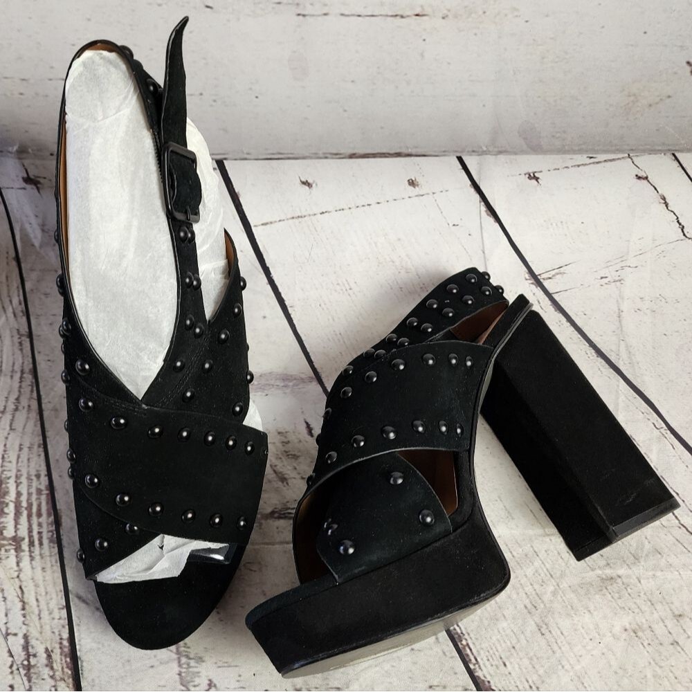 Halston Bailey Studded Black Suede Leather Platform Heeled Sandal Size 9 NIB